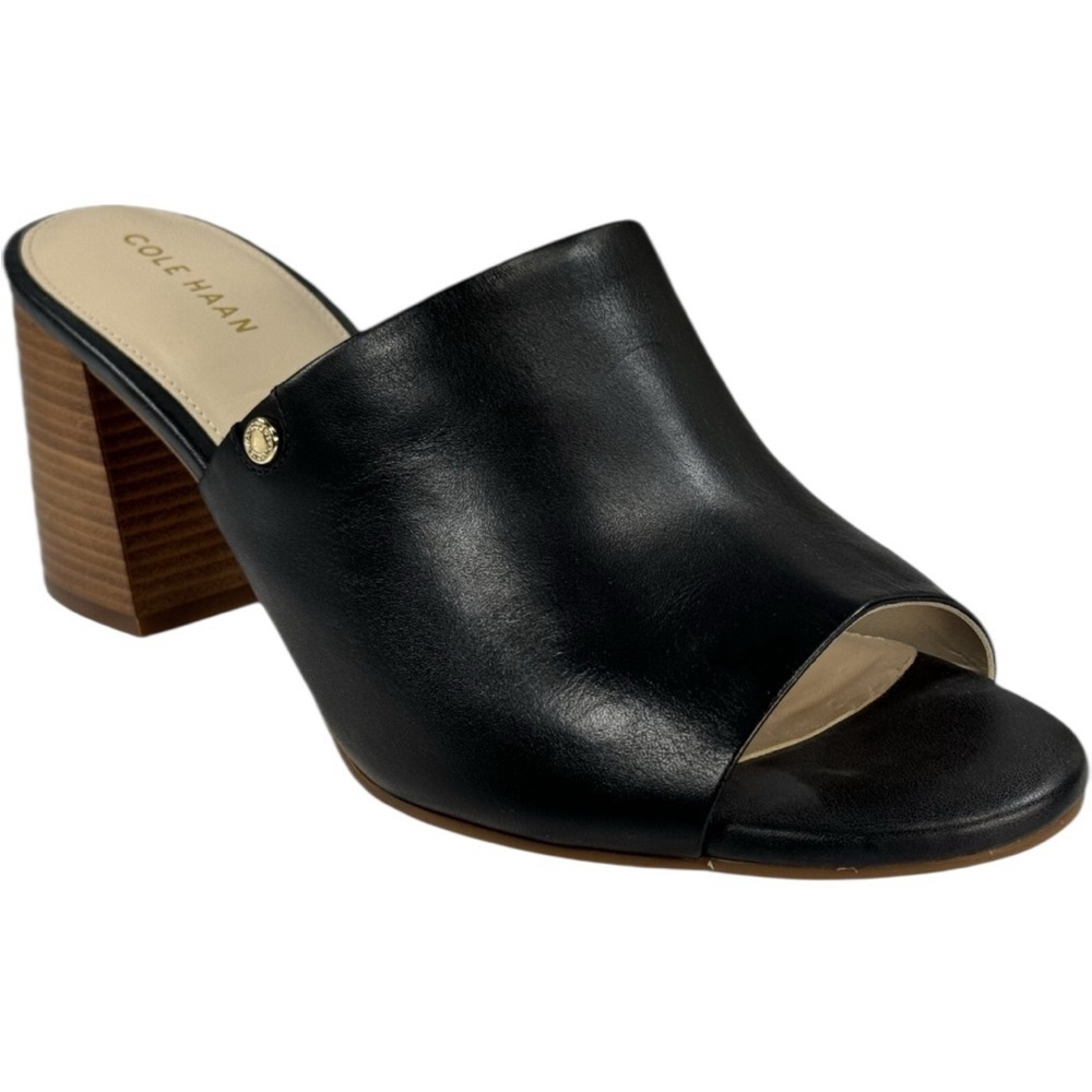 Cole Haan Diana black leather open toe stacked heel mules minimalist classic